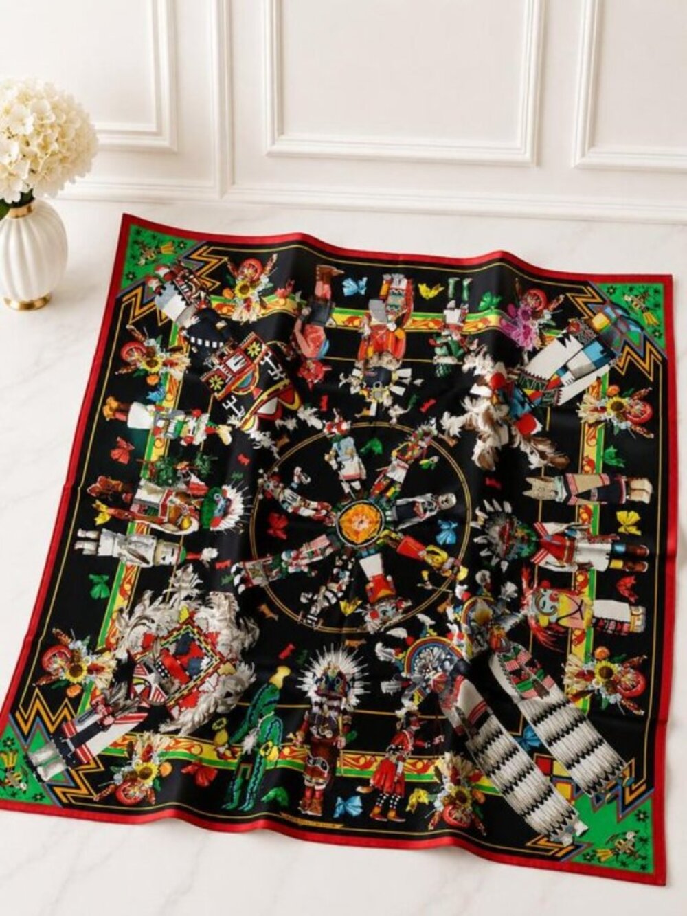 Authentic Hermès Kachinas Carré 90 Silk Scarf Black Multicolor